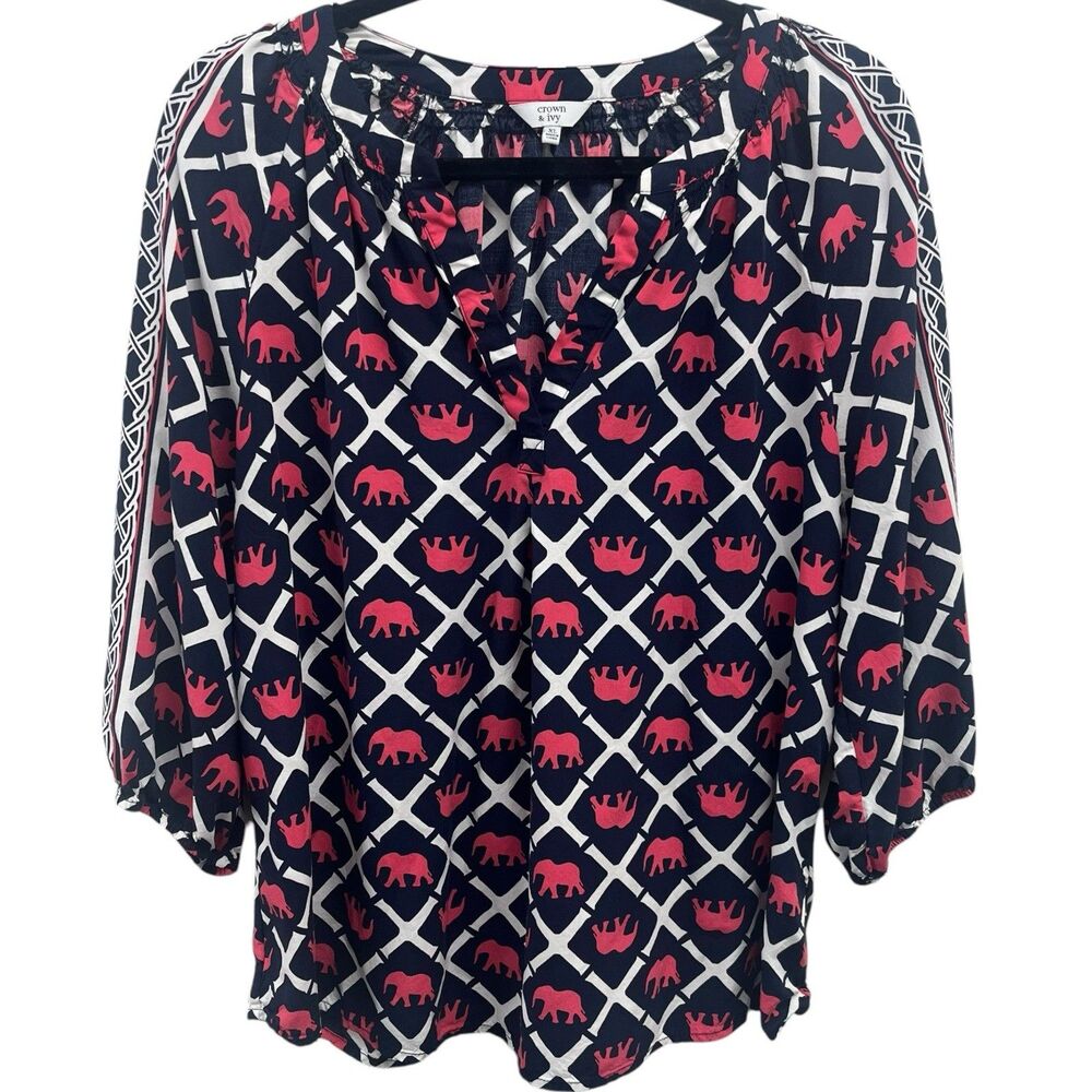 Crown & Ivy Women's Size XL Elephants & Geometric Print 3/4 Sleeve Top Tunic